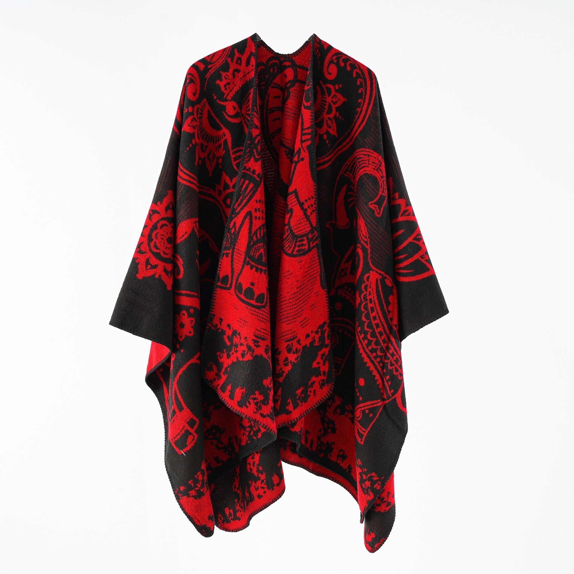 Women's elegant transitional poncho with an artistic floral pattern and fringed edges, size Valenzora