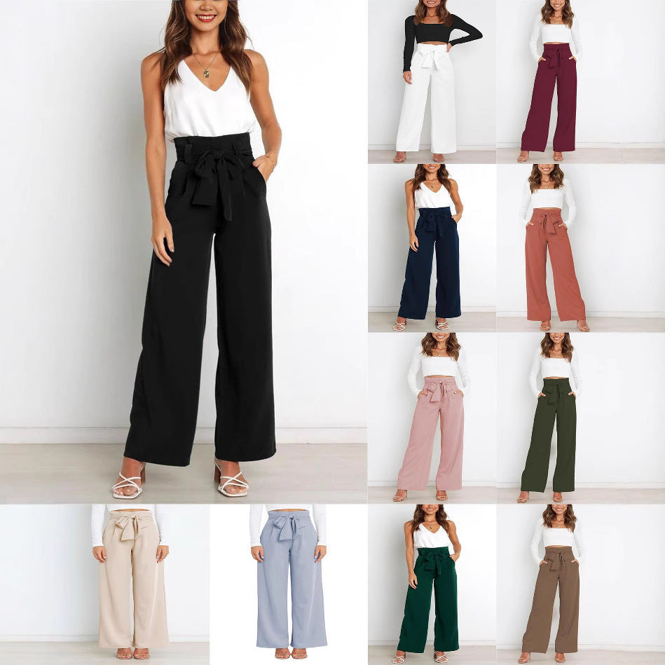 Women's elegant wide-leg trousers with waist belt, size