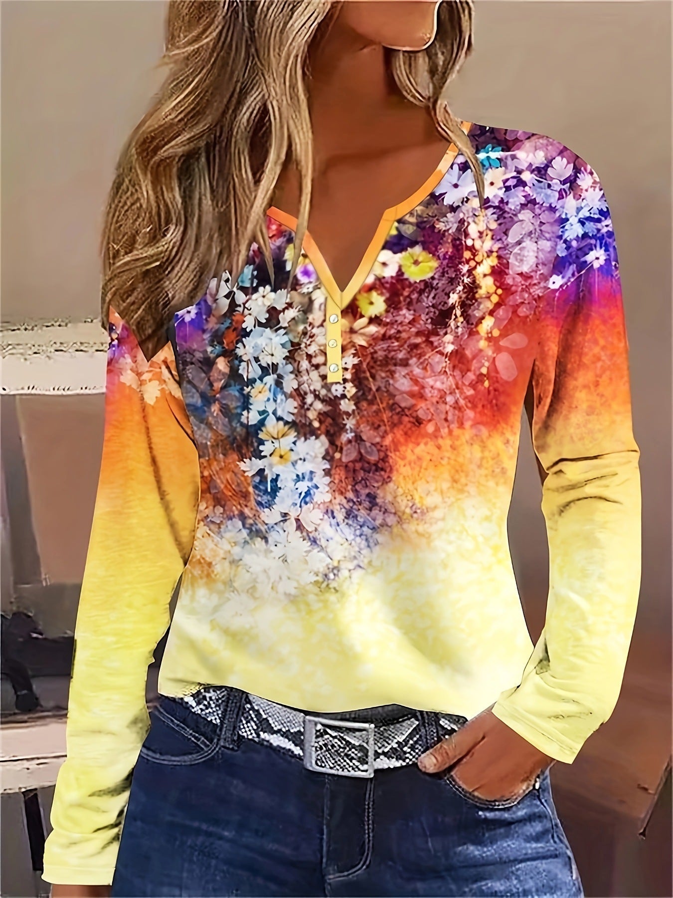 Valenzora | Floral round neck long-sleeved shirt