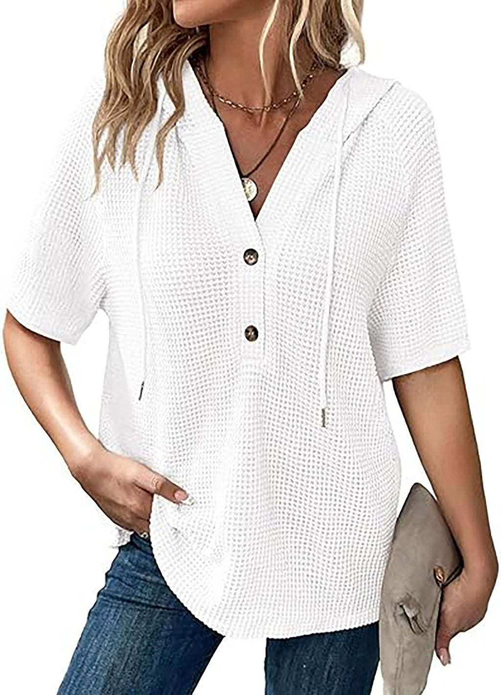 Women's casual hooded blouse with button closures