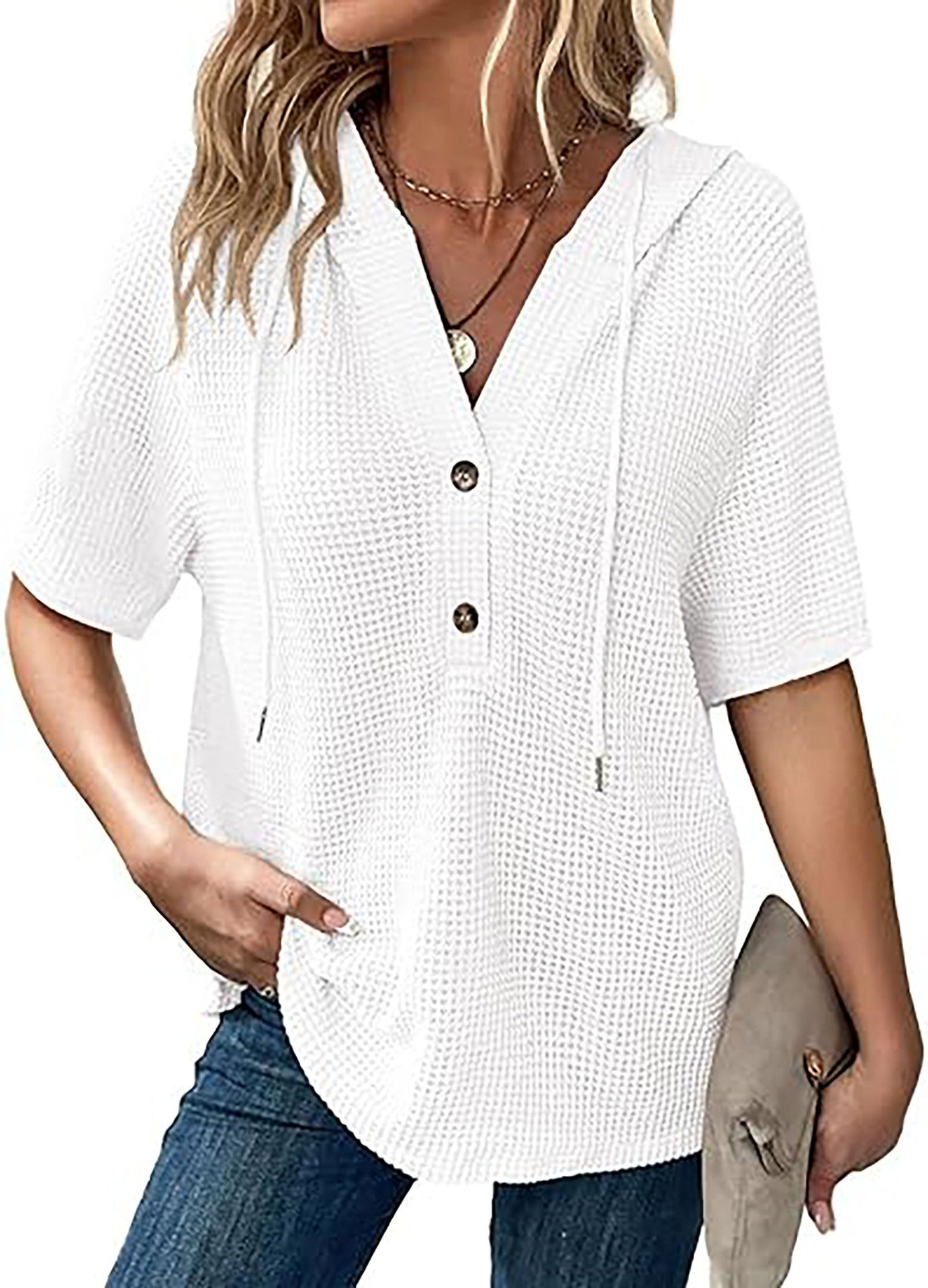 Women's casual hooded blouse with button closures