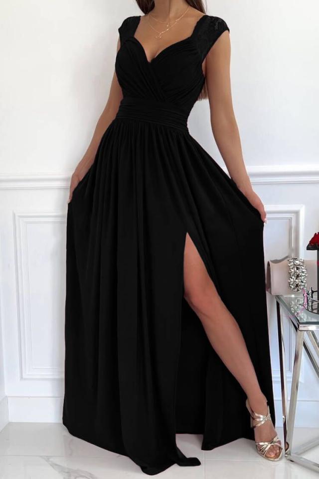 Glamouröses, gerüschtes Abendkleid mit V-Ausschnitt & Schlitz