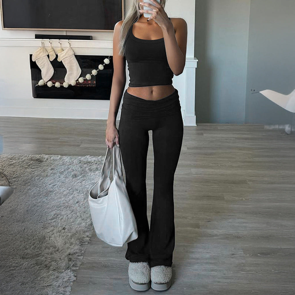 Women's Cropped Top and Flared Trousers Set, Size
