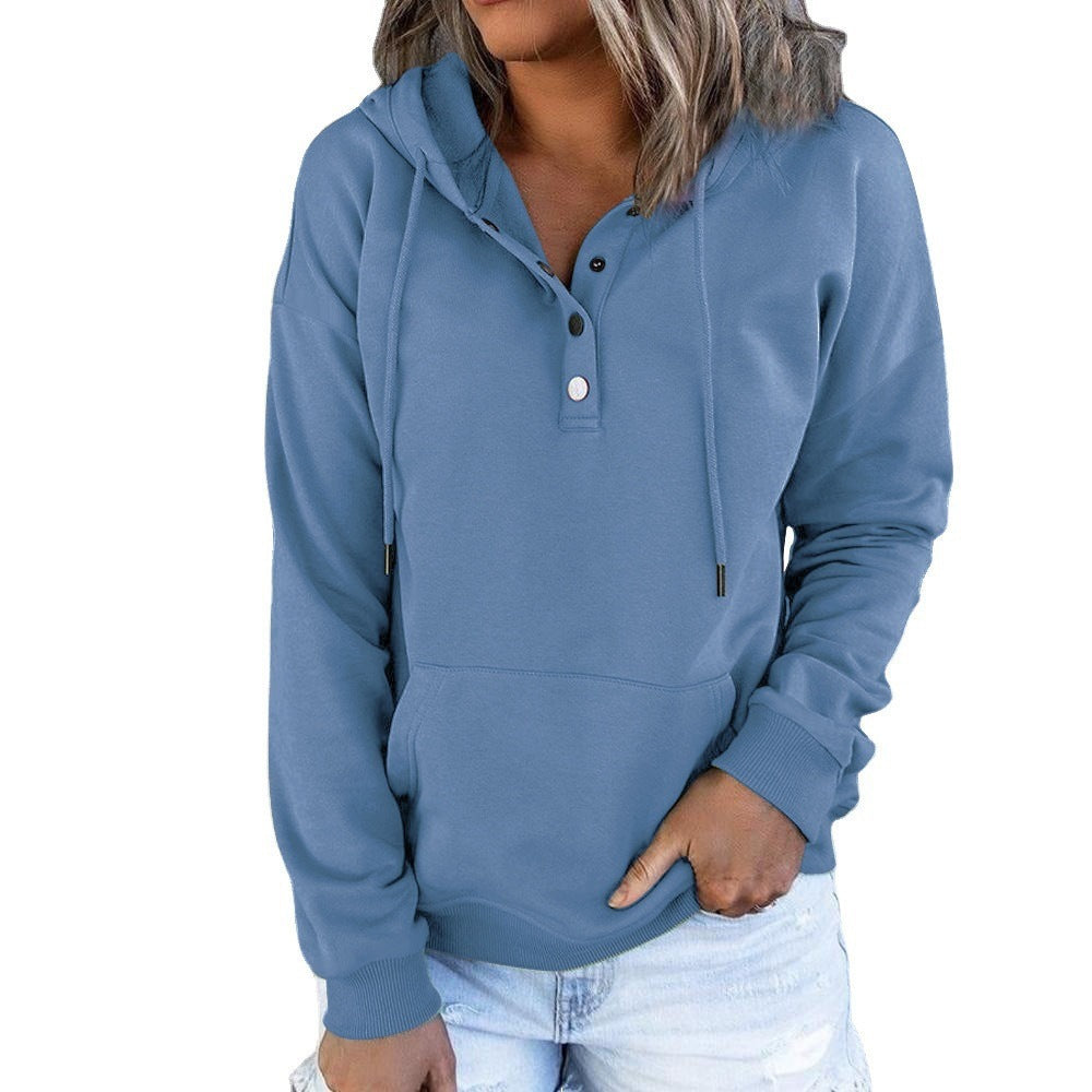 Women's hooded sweatshirt with button placket and relaxed fit, size
