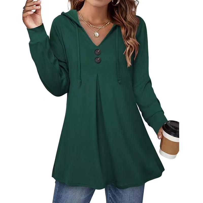 Women's hooded sweatshirt with button placket and flared cut, size