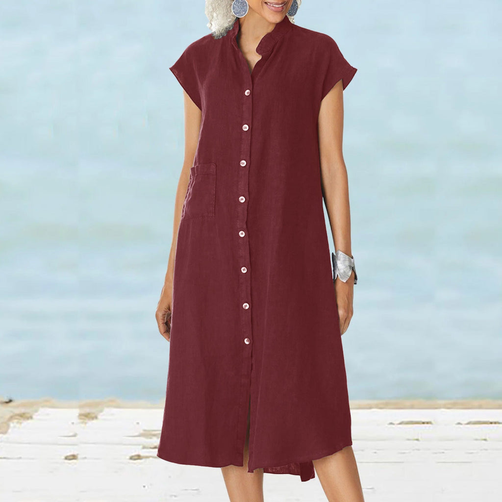Women's midi dress with comfortable shirt collar and practical side pockets, size