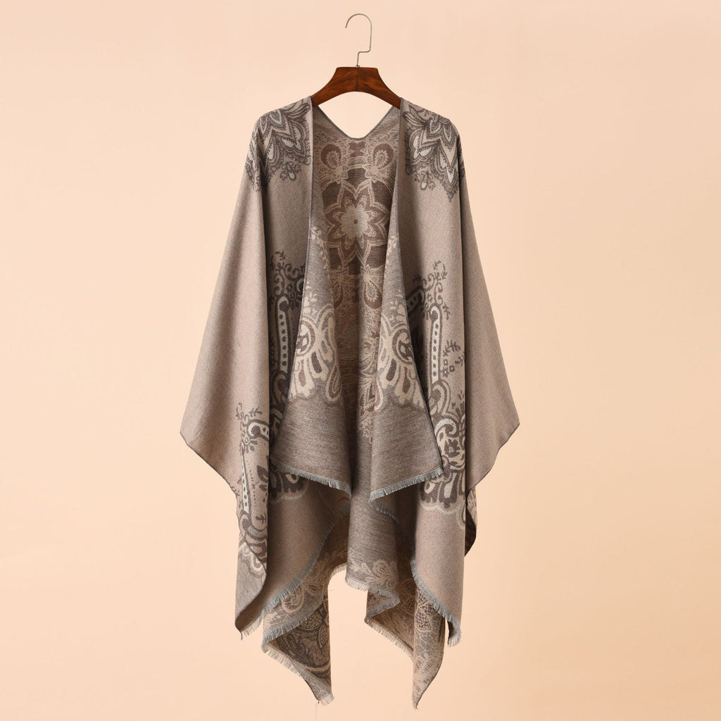Women's Elegant Kimono Poncho with Artful Pattern and Fringed Edges Valenzora