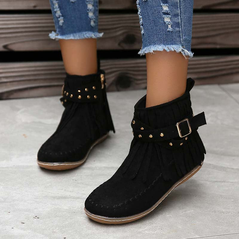 Valenzora | Boho-Stiefeletten mit Fransen und Schnallen für Damen