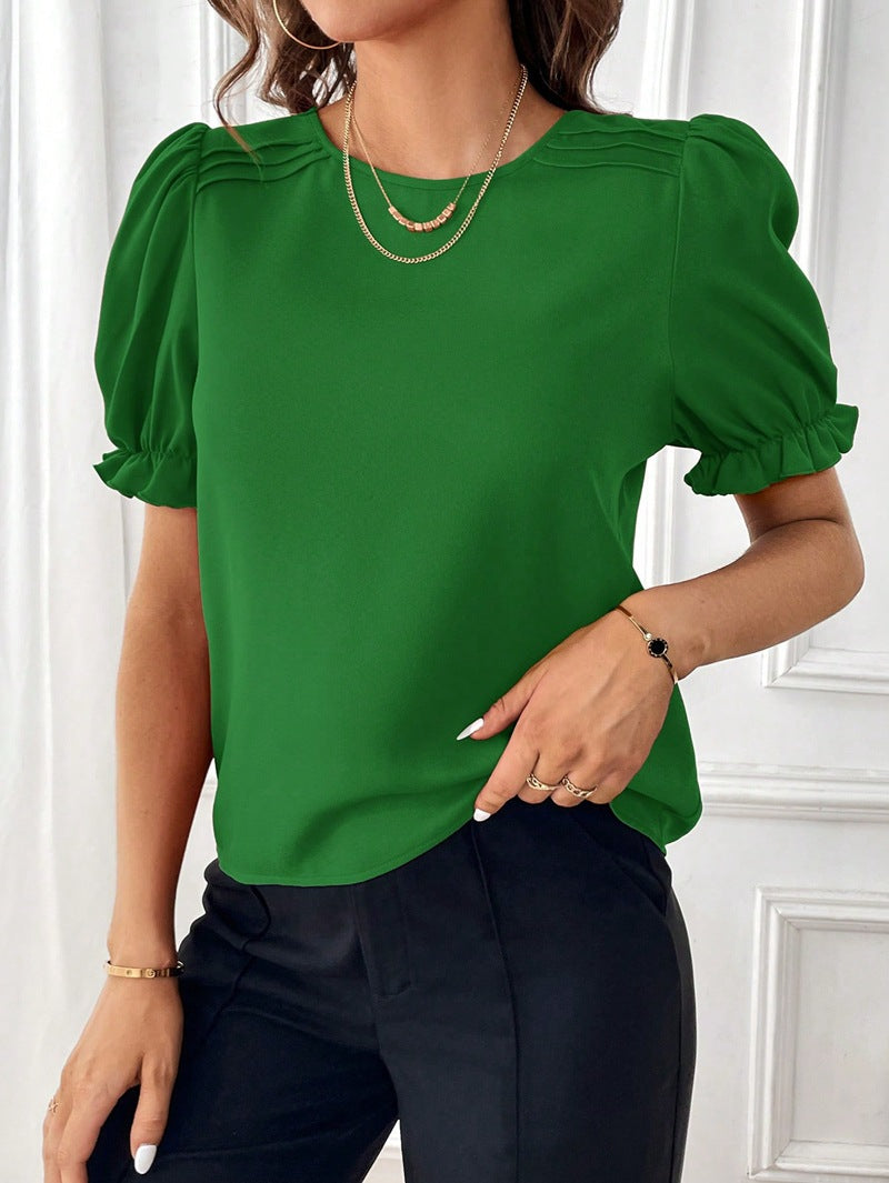Valenzora Pure-Color Round Neck Shirt Top with Temperament