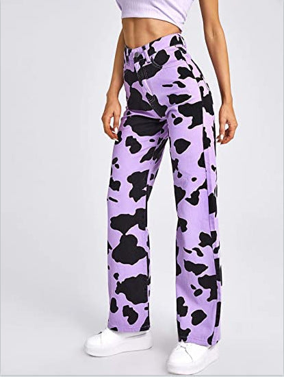 Valenzora | Women's Cow Print Straight Cut Trousers