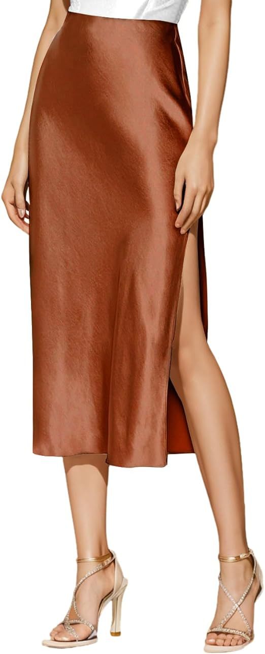 Women's satin midi skirt with high slit, size