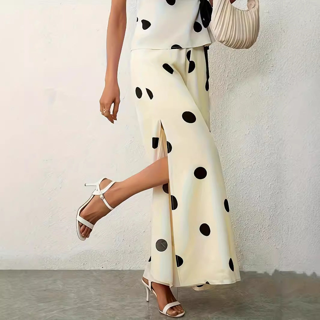 Women's wide-legged, airy polka-dot palazzo pants with elegant side slits, size [size missing]