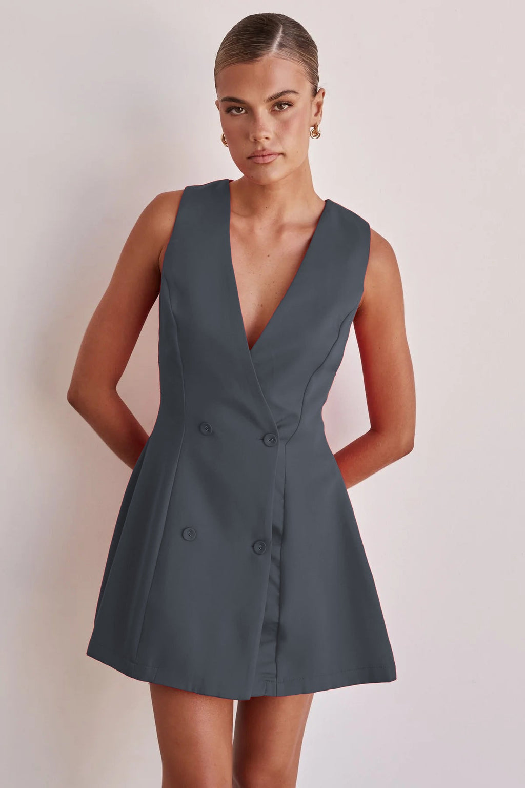 Damen Blusenkleid mit tiefem V-Ausschnitt und doppelter Knopfleiste Drune