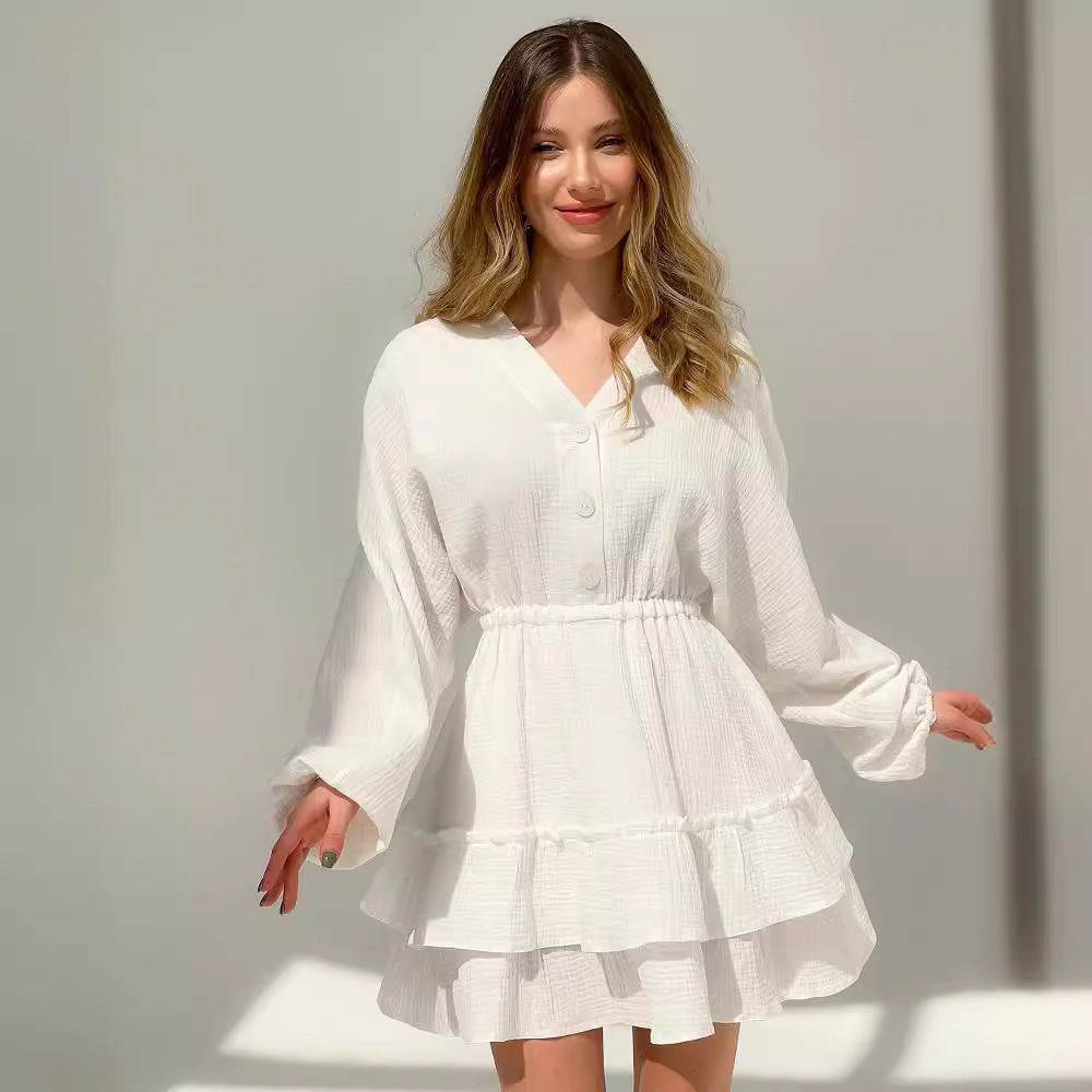 Damen-Babydollkleid für die Freizeit mit Knopfdetails und voluminösen Ärmeln, Größe [size missing]