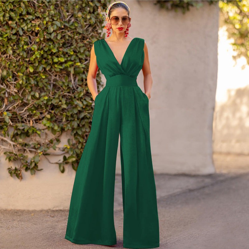 Valenzora | Jumpsuit High Waist Sleeveless Deep V-neck Wide Leg Elegant Fit