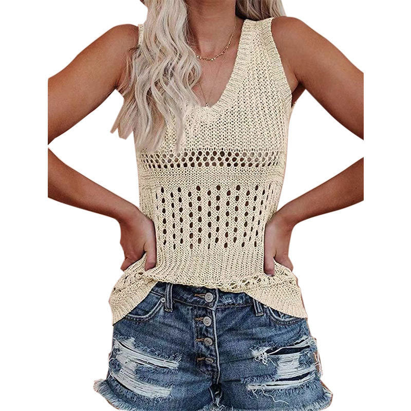 Women's airy knit top with V-neck and delicate openwork patterns, size
