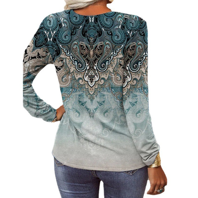 Damen Langarmshirt mit Detaildruck und Knopfleiste, Größe