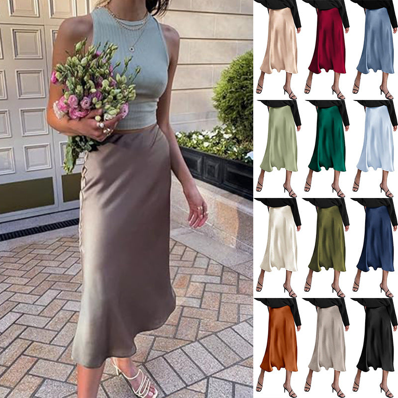 Eleganter Damen-Midirock aus Satinviskose mit fließendem Fall, Größe Valenzora
