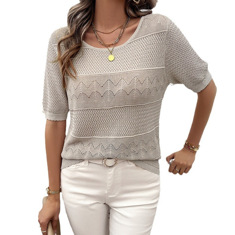 Women's airy knit top with fashionable openwork pattern and charming ruffled hem, size S