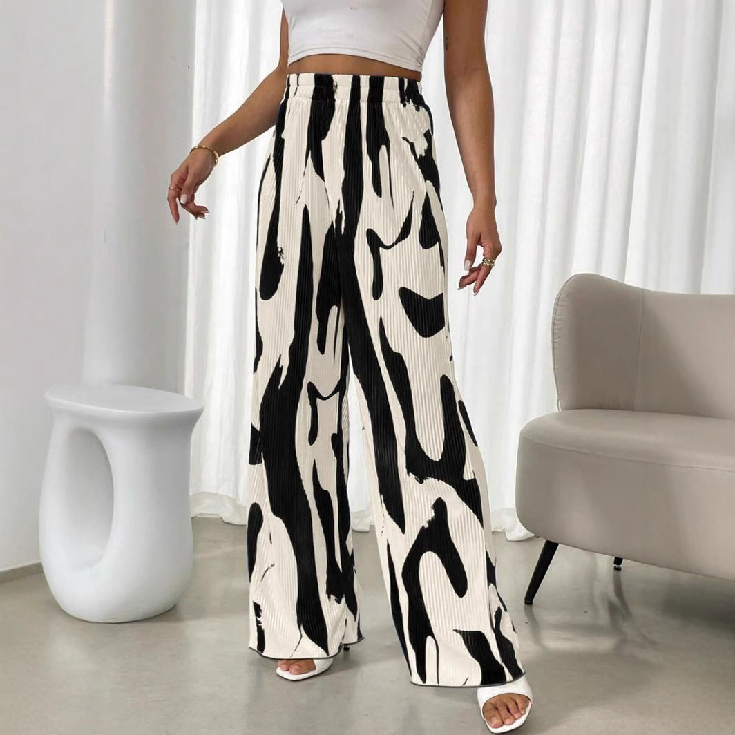 Women's wide pleated trousers with elasticated waistband and fashionable pattern, size [size]