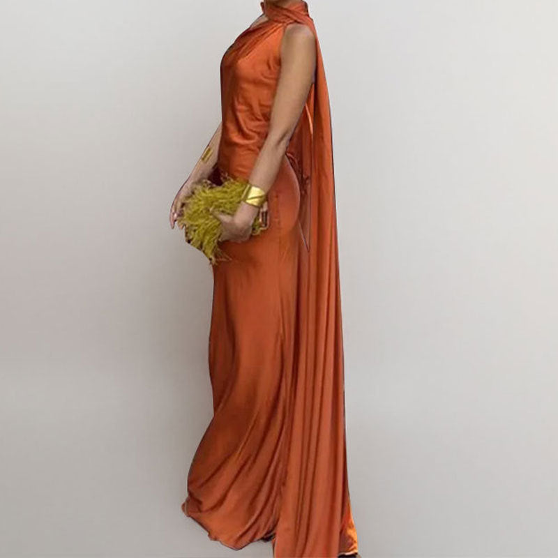 Women's elegant evening dress with asymmetrical design and soft cape, size S