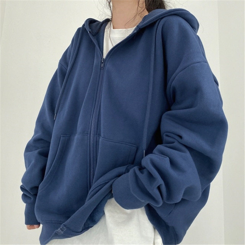 Valenzora Zip-up Oversized Solid Pocket Hooded Long Sleeve Loose Baseball Jacket