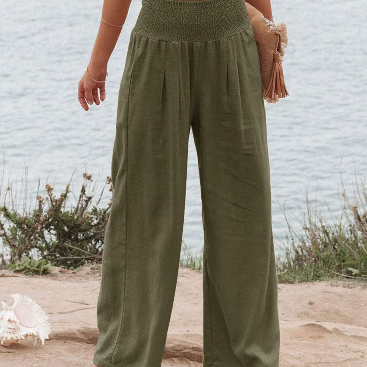 Women's wide-legged linen trousers with elasticated waistband and pleats, size