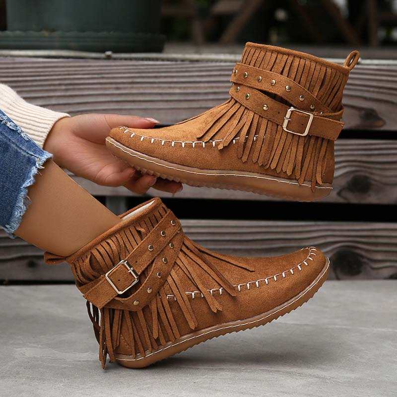 Valenzora | Boho-Stiefeletten mit Fransen und Schnallen für Damen