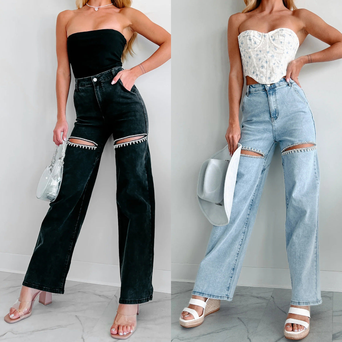 Valenzora | Casual studded ripped straight leg women's jeans