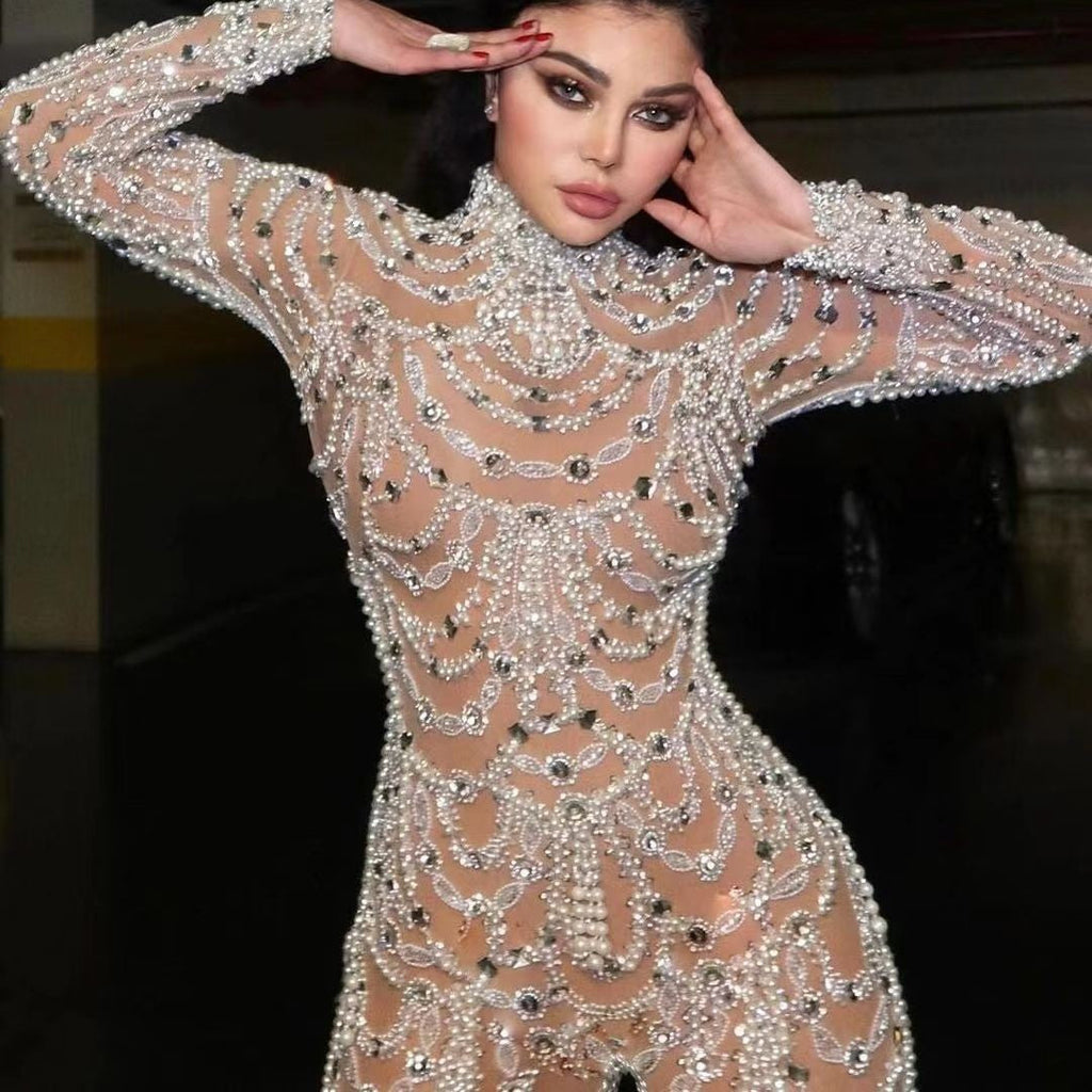 Valenzora | Figure-hugging sheer sequined dress jumpsuit