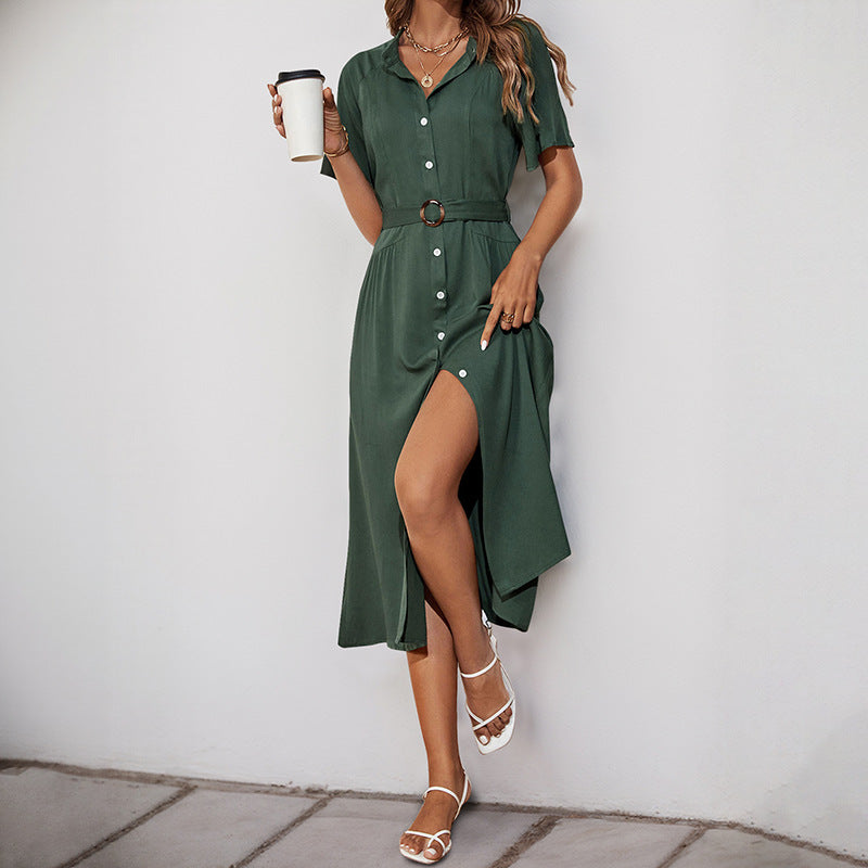 Women's midi dress with elegant button detail and narrow waist belt, size