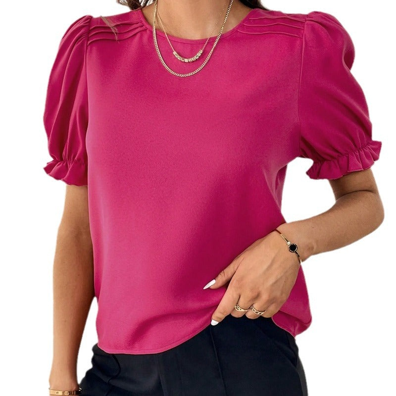 Valenzora Pure-Color Round Neck Shirt Top with Temperament