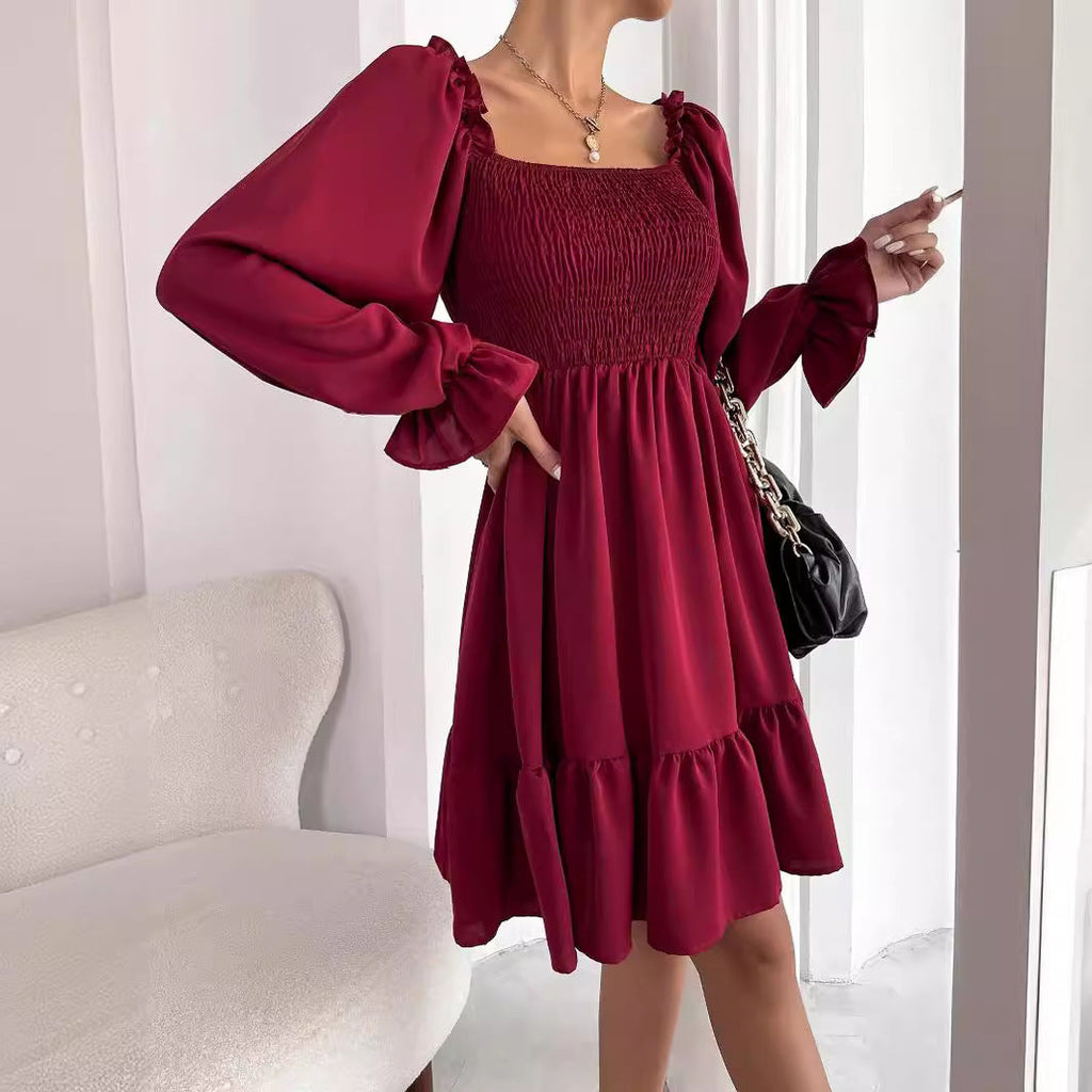 Women's fitted mini dress with voluminous ruffled sleeves and square neck, size S
