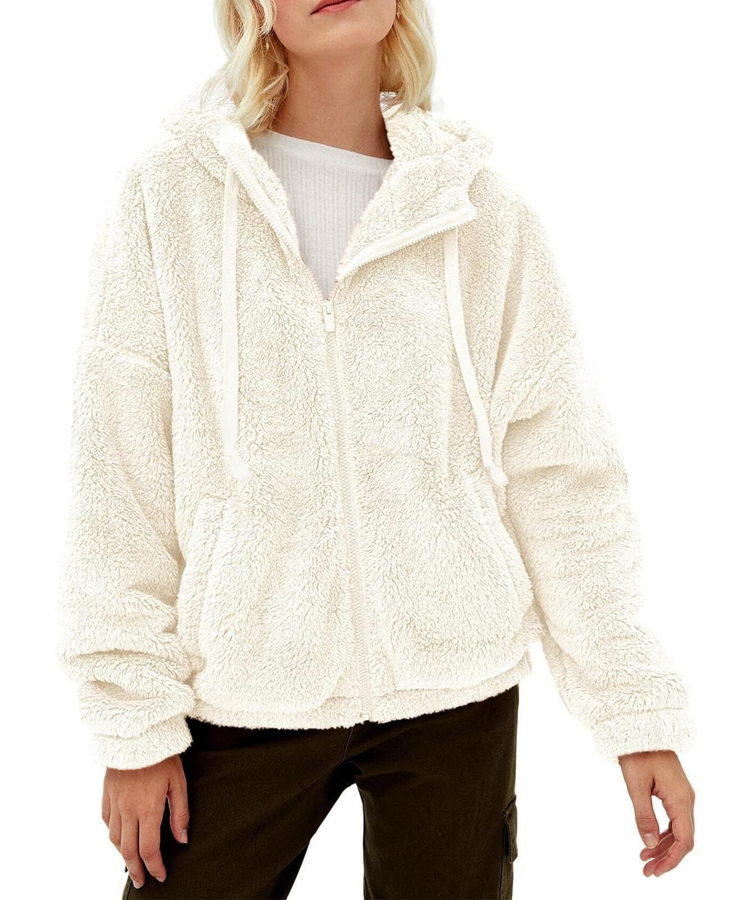Women's Fluffy Hooded Jacket with Practical Pockets and Zipper, Size