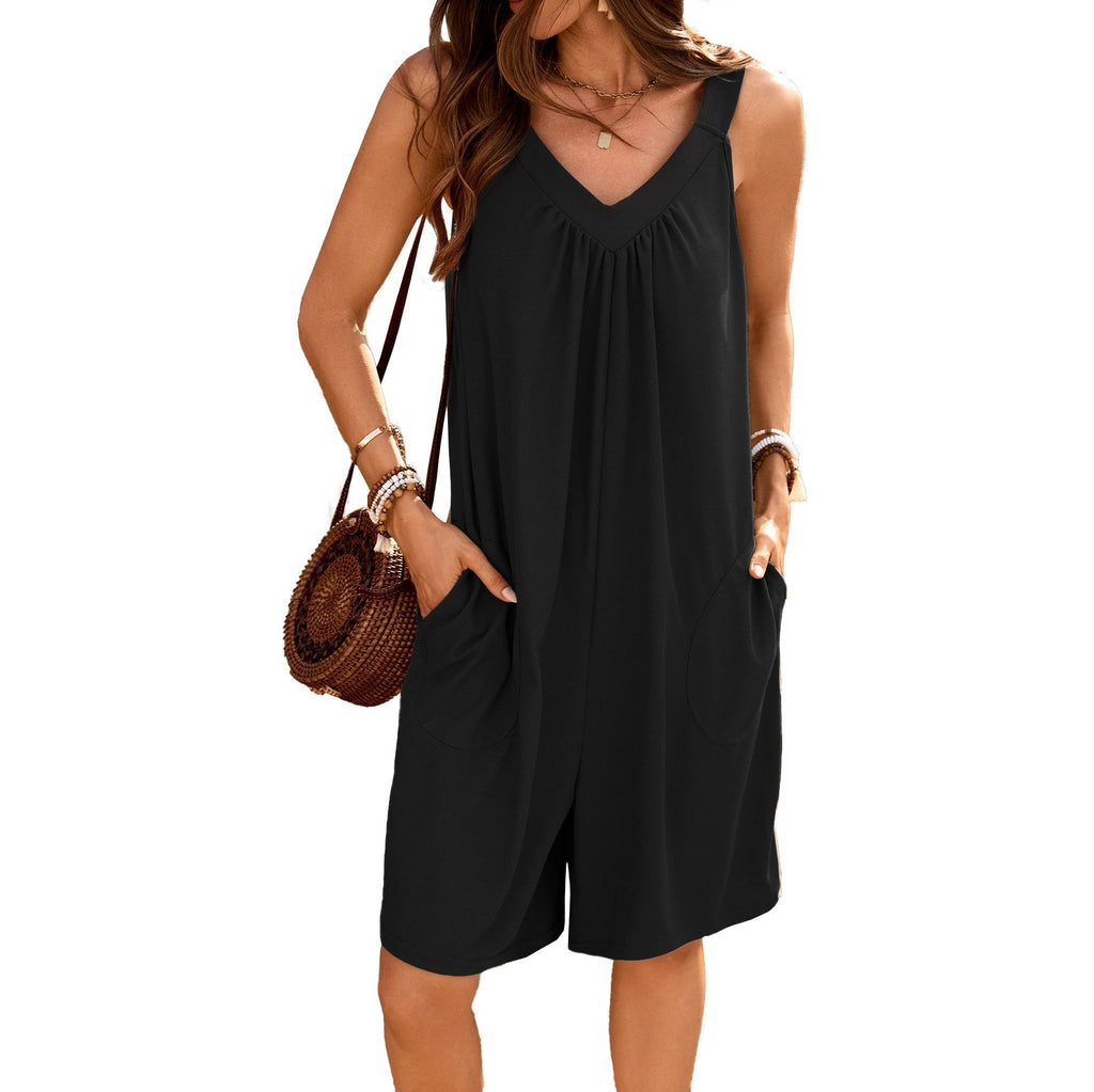 Women's sleeveless jumpsuit with deep V-neck and practical pockets, size S