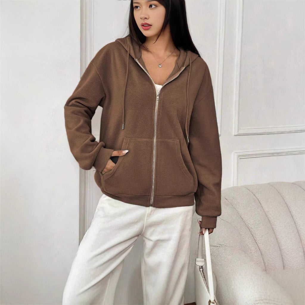 Women's fleece jacket with hood and zipper, size