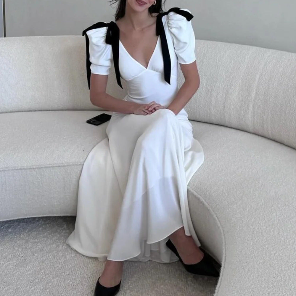 Valenzora | Soft White Deep V Bow Puff Sleeves Slim Dress