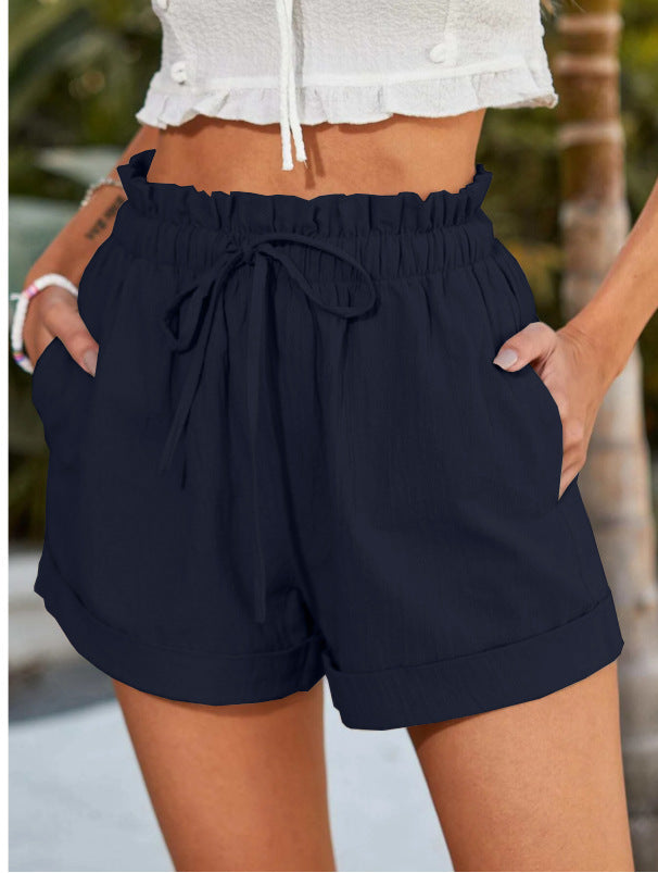 Women's casual shorts with elastic waistband and ruffle detail, size S