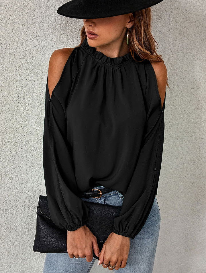 Schickes Damen-Oberteil mit Carmen-Ausschnitt und eleganten Rüschendetails, Größe [Größe]
