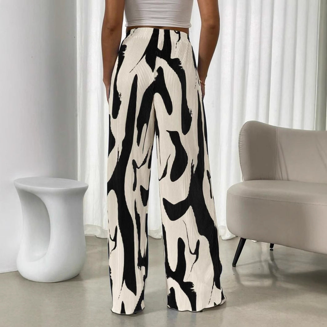 Women's wide pleated trousers with elasticated waistband and fashionable pattern, size [size]