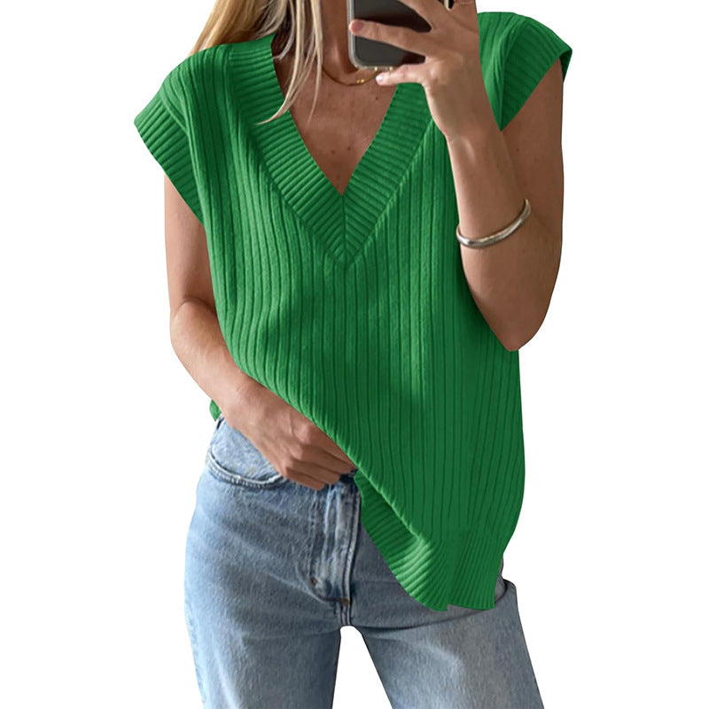 Women's casual V-neck ribbed knit top, size