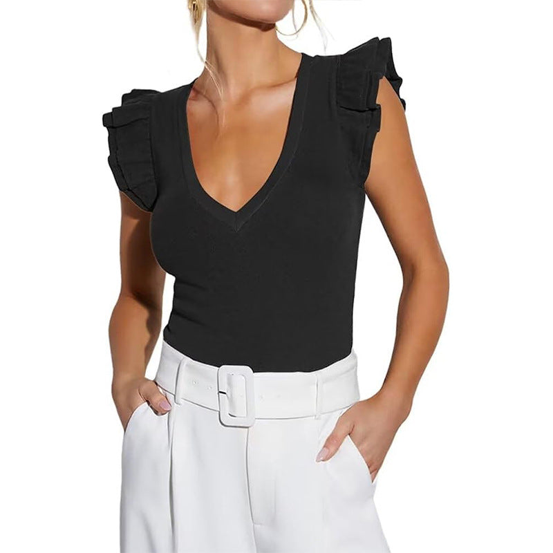 Women's sleeveless top with ruffles and V-neck, size