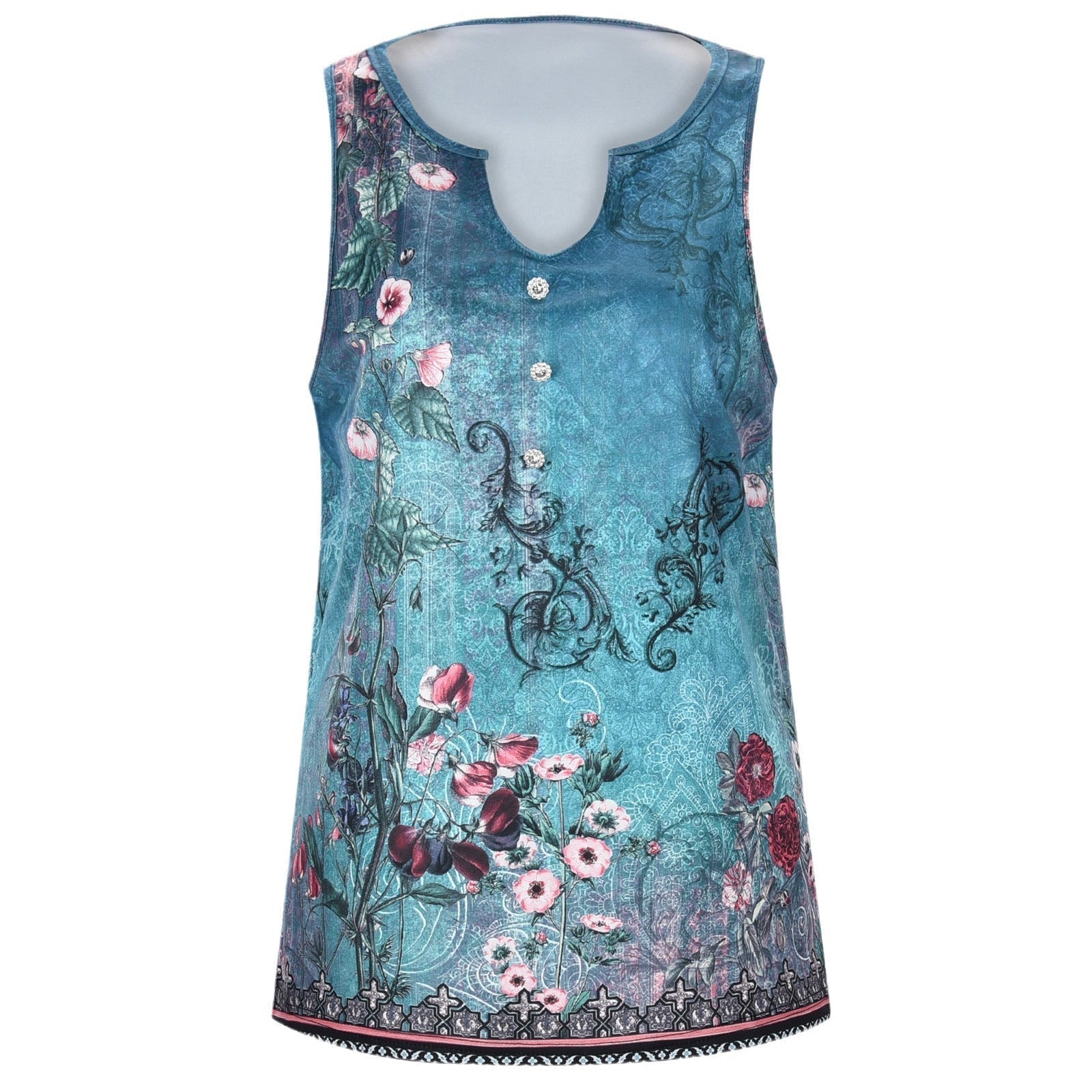 Women's sleeveless top with elegant floral design and unusual V-neck, size [size]