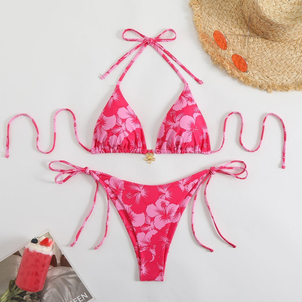 Valenzora | Women's triangle bikini set with playful floral pattern and tie straps