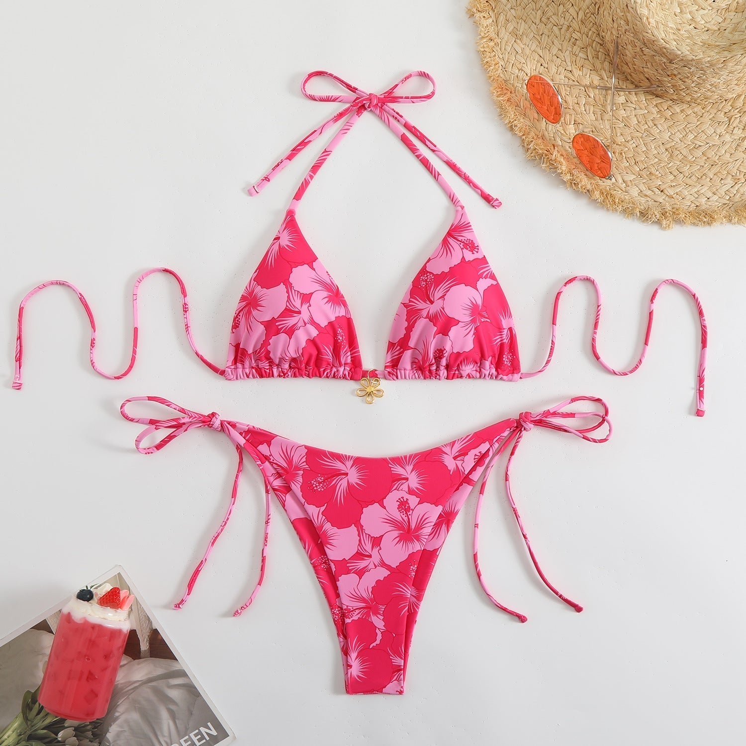 Valenzora | Women's triangle bikini set with playful floral pattern and tie straps