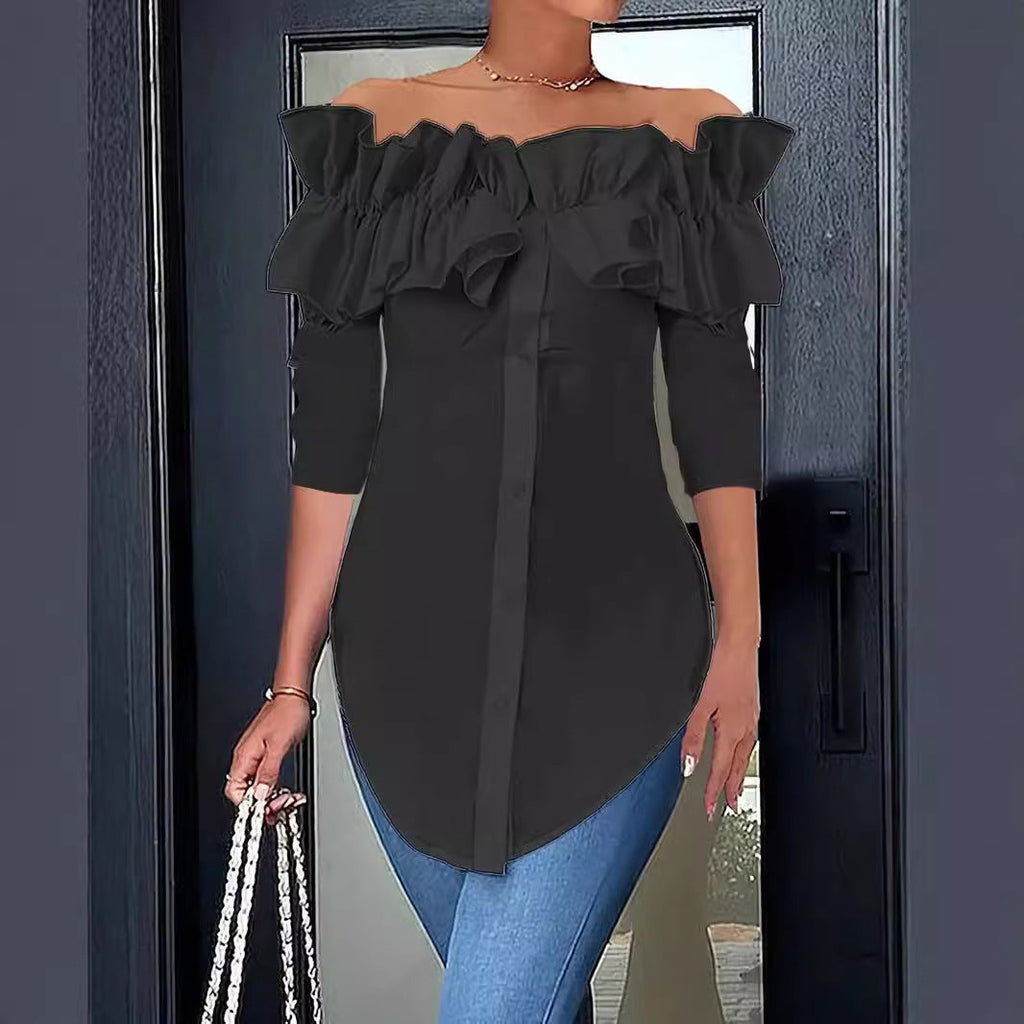 Damenbluse mit schulterfreiem Design und voluminösen Rüschendetails, Größe [Größe fehlt]