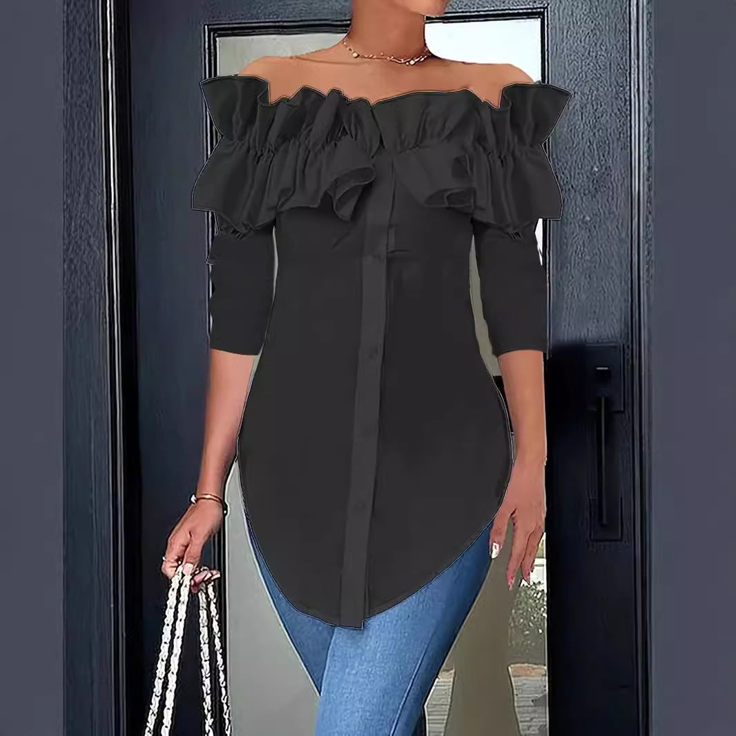 Damenbluse mit schulterfreiem Design und voluminösen Rüschendetails, Größe [Größe fehlt]
