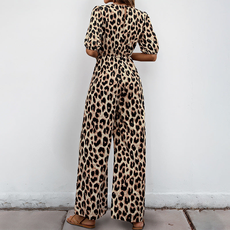 Damen Freizeit-Jumpsuit mit Leopardenmuster und Carmen-Puffärmeln, Größe [Größe]