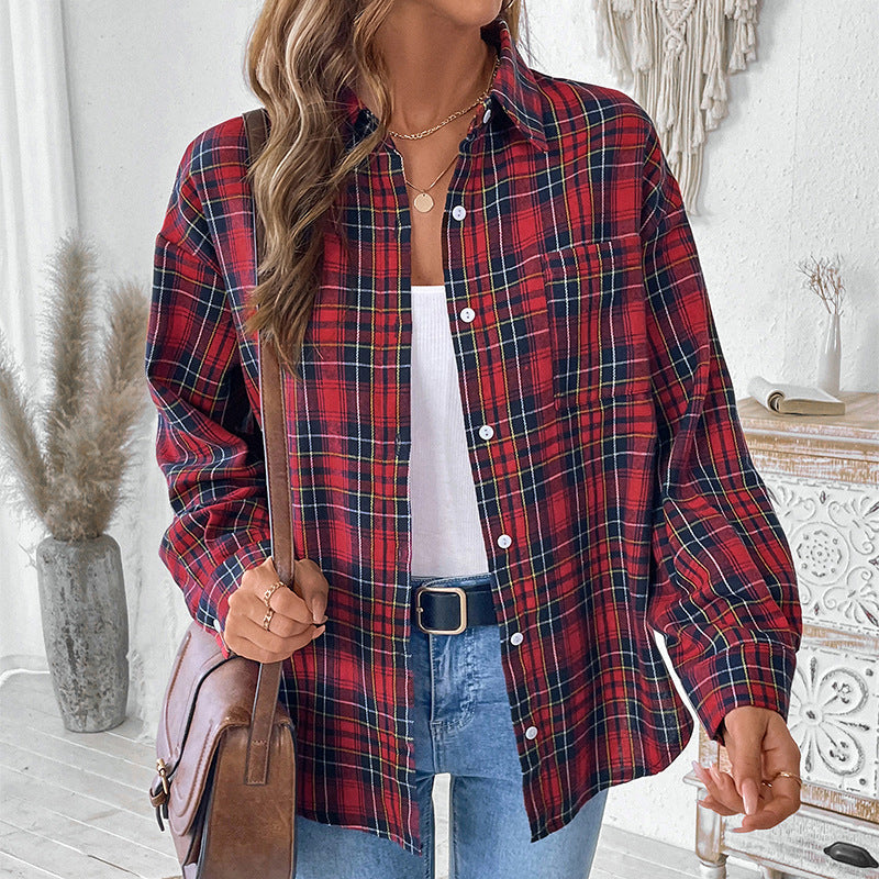 Women's checked overshirt with wide sleeve design, size