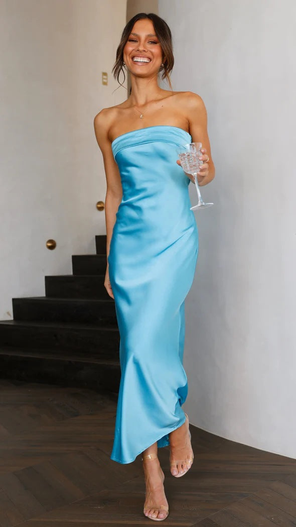 Valenzora | Spring Summer Elegant Socialite Satin Hollow Neck Backless Tube Top Dress Length